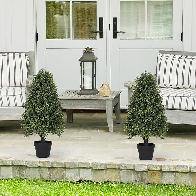 Azoco 30" Boxwood Topiary Trees Artificial Outdoor Set of 2, UV Resistant Faux Plants for Front Porch Planters, Realistic Cone-Shaped Fake Bushes & Shrubs, 2.5ft Evergreen Decoration