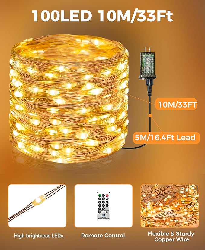 Plug-in Fairy Lights, 33 Ft 100 LED String Light with Remote, 8 Modes, Timer and Dimming Twinkle Lights for Indoor, Bedroom, Party, Decoration, Holiday, Warm White