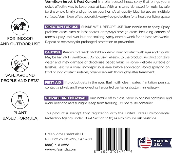 VermExon Peppermint Oil Insect & Pest Control Spray – 128oz Natural Plant-Based Bug Killer for Spiders, Ants, Flies, and Other Insects, Safe for Home & Kitchen Use