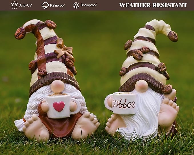 2PCS Coffee Gnomes Figurines Valentines Day Decorations Valentines Gifts Coffee Bar Accessories Decor Elfs Statue Cute Resin Housewarming Gifts for Women Tiered Tray Table Ornament,Sit 4.7H