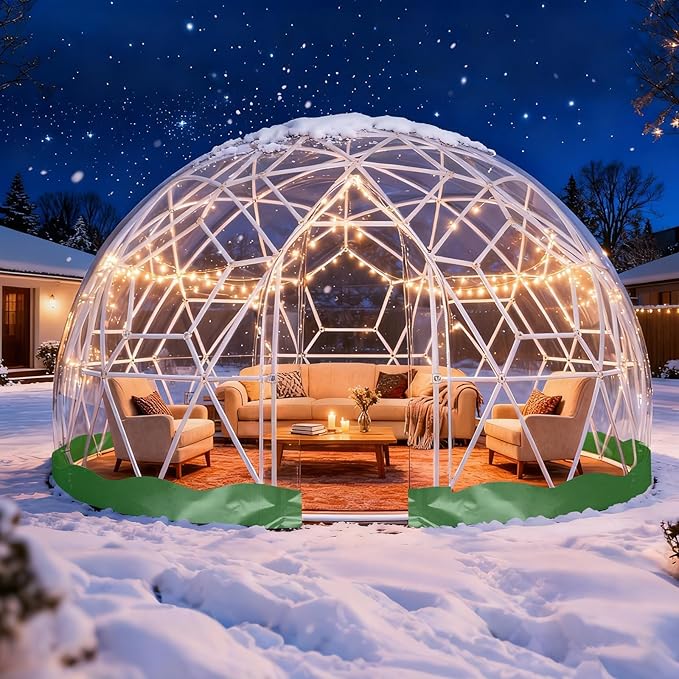 Garden Dome 9.5 * 5.7FT, 360° View Geodesic Dome Greenhouse with PVC Clear Cover, Waterproof Garden Bubble Dome Tent House with 2 x 10M Light Strings for Outdoor, Green
