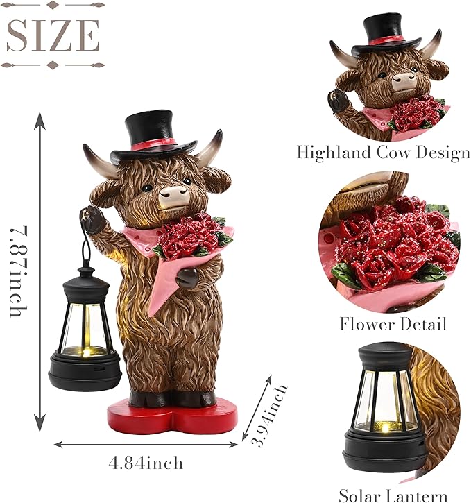 TERESA'S COLLECTIONS 8" Charming Highland Cow Garden Statue with Solar Lantern, Valentine's Day Resin Figurine Holding Roses and Wearing Top Hat, Weatherproof Outdoor Decor for Path Yard Porch