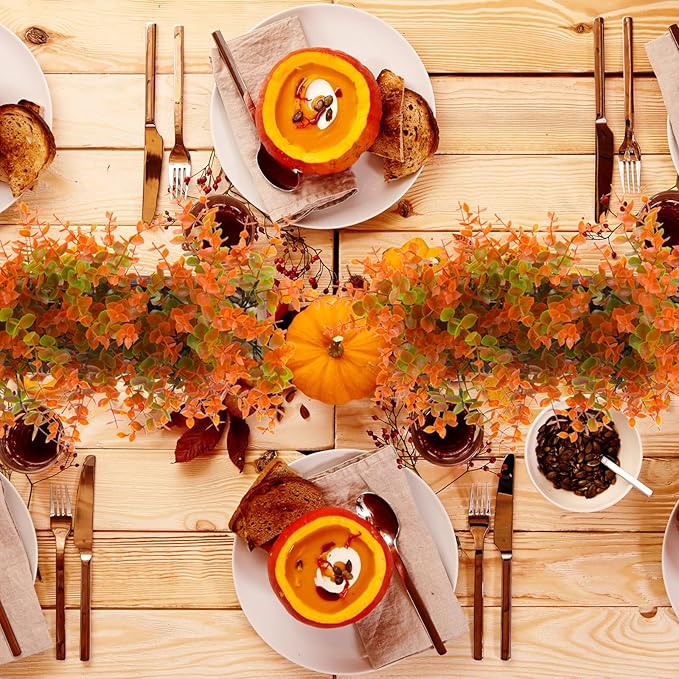 Lyrow 2 Pack Artificial Eucalyptus Plant in Rectangular Rustic Wooden Planter Box Faux Potted Herb Plant Table Centerpiece for Kitchen Windowsill Shelf Decor (Fall,11.4 '')