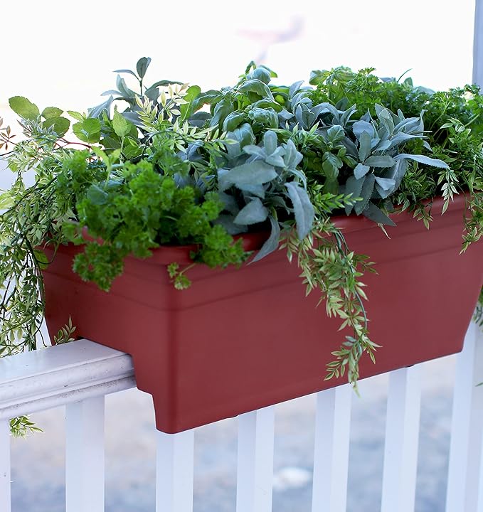 The HC Companies 24 Inch Deck Rail Planter Box with Drainage Plug, Lightweight UV-Resistant Plastic Outdoor Planters for Wood Deck Rail, Flower Box for Garden, Patio, Balcony, and Fence, Sandstone