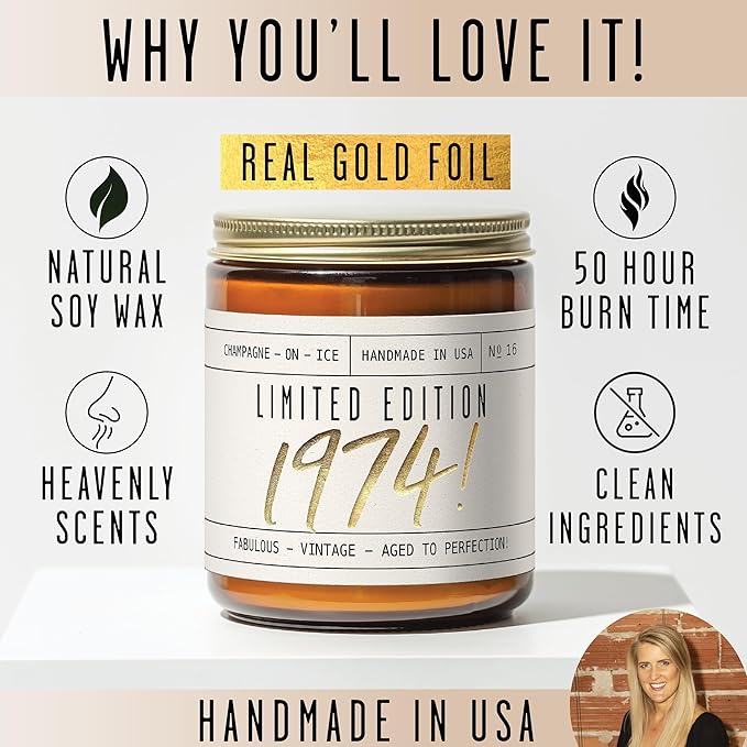 52nd Birthday Gifts for Women - 'Limited Edition 1974' Soy Candle, w/Champagne on Ice I 52nd Birthday Gift for Her Ideas I 9oz Reusable Jar, 50Hr Burn, Made in USA