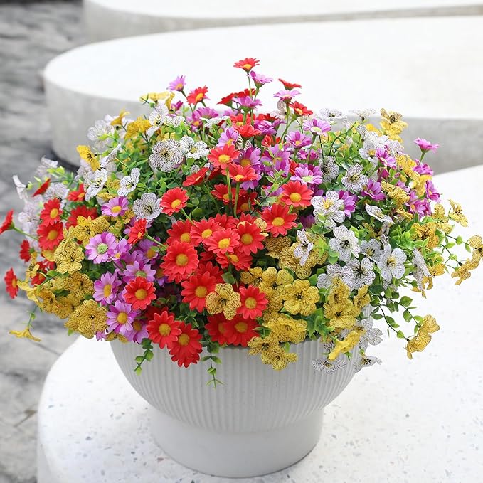 HIFORESTAR Artificial Outdoor Flowers 12 Bundles Spring Summer Silk Fake Plants Colorful Outside Realistic Wild Flower Plants Vibrant Durable Perfect Front Porch Planter Decoration (Multi Colour 1#)