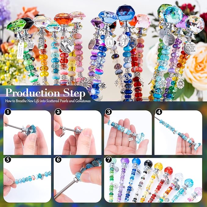 513Pcs DIY Beaded Garden Stakes, Fairy Wand Kit Garden Stakes Decorative with 18 Threaded Rod, Crystal Top, Large Holes Bead for Christmas Plants Garden Outdoor&Indoor Decorative(12IN)