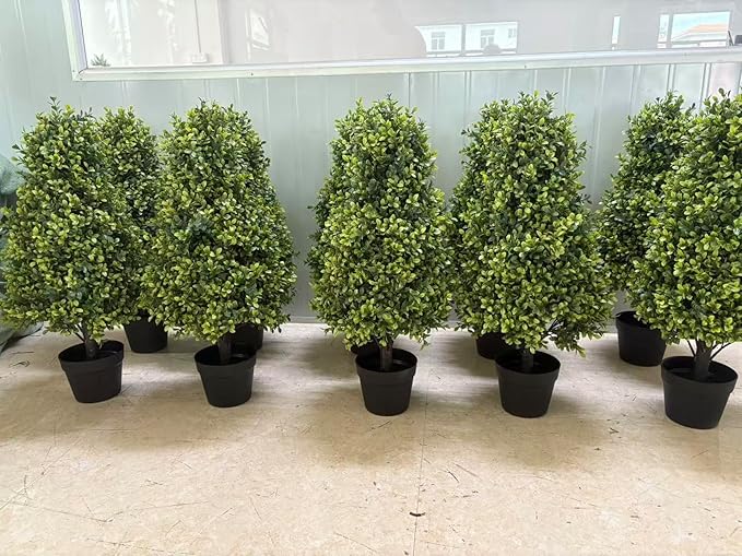 Azoco 30" Artificial Boxwood Faux Plants Outdoor, UV Resistant Topiary Trees Realistic Cone-Shaped Fake Bushes and Shrubs Potted Fakeplants Set of 2 for Front Porch Patio Outside Planter Decor