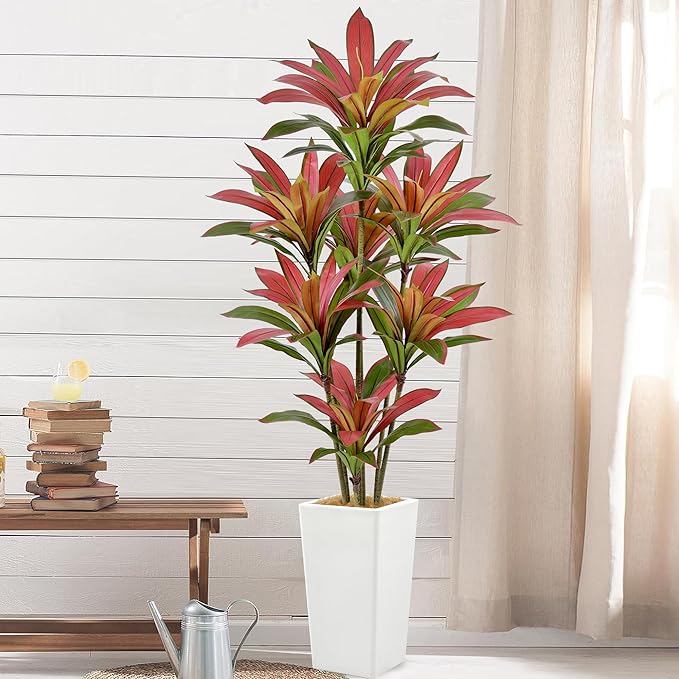 Roselywed Artificial Red Dracaena Tree 6FT with 114 Leaves & 7 Heads & White Tall Planter Cover with Coconut Fiber Tall Faux Tropical Silk Bicolor Plant 72 Inch for Indoor Home Office Porch Mall Decor
