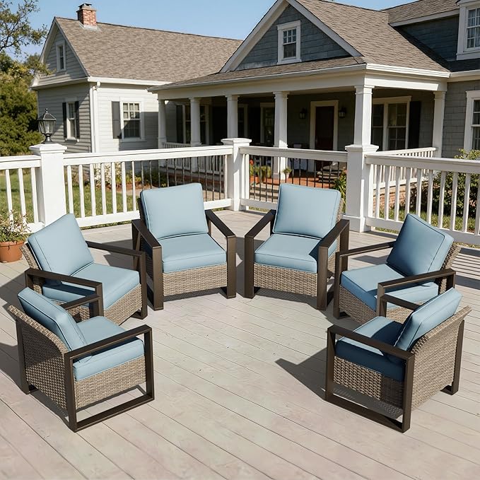 Joyside Outdoor Patio Chairs Set, 6 Pieces Wicker Rattan Chairs with Metal Wide Armrest, Thick Cushions and Deep Seating for Garden, Backyard, Porch, Deck