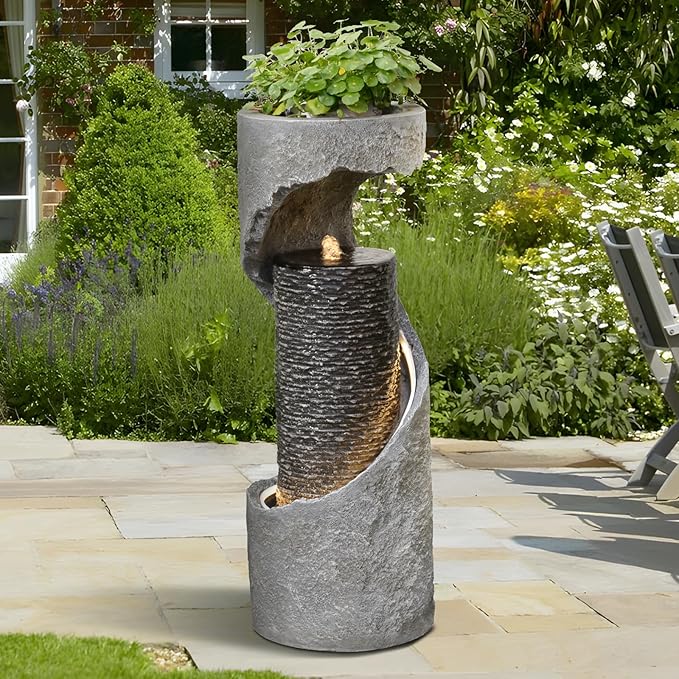 35.4" H Water Fountain Outdoor Water Feature Indoor,Modern Spiral Water Fall Fountains for Outside for Garden, Patio, Deck, Yard, Porch, Office with Lights Home Art Decor