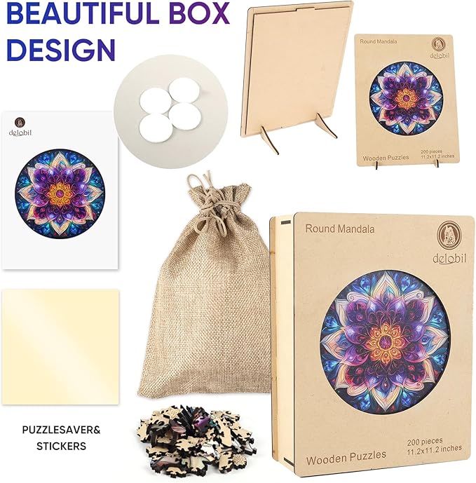 Delobil Jigsaw Puzzles for Adults, Colorful Mandala Flower Wooden Puzzles 200 Pieces, Geometric Art Blue Round Jigsaw Puzzles for Adults and Kids, Family Puzzle Games Gift 11.2 * 11.2