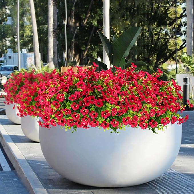 12 Bundles Artificial Flowers for Outdoors UV Resistant, Realistic Fake Silk Flowers Outside Fade-Proof Faux Plants for Outdoor Planters Window Box Front Porch-Red
