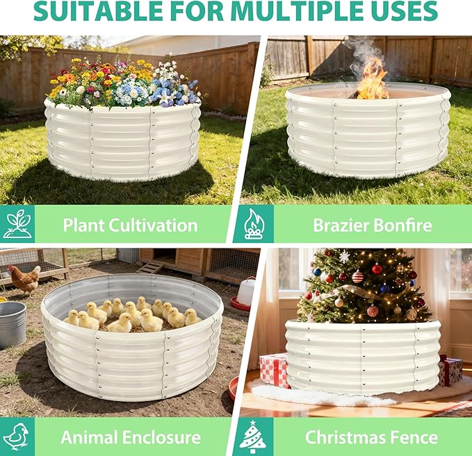 17" Tall Round Outdoor Garden Raised Garden Bed Kits-0.8MM Thick Metal Raised Planter Bed/Ground Planter Box for Variety of Flowers,Herbs,Vegetables,Trees (Cream White, 40 Dia X 16.5 inches)