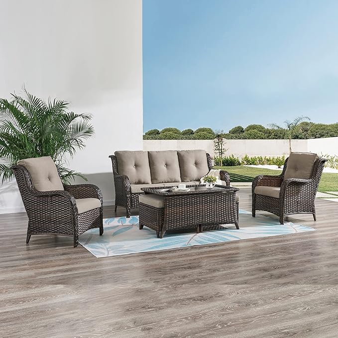 HUMMUH Outdoor Wicker Patio Chairs Set of 2 PE Rattan Patio Seating Chairs High Back Curved Armrest Porch Chairs with 4 inch Seat Cushions (Brown/Grey)