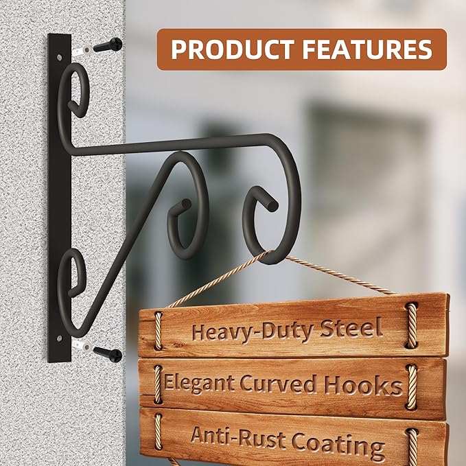 PROWORX 2 Pack 16 Inch Plant Hangers Outdoor Bracket, Indoor Wall Mount Metal Heavy Duty Rust-Resistant Bird Feeder Plant Hooks for Hanging Planters, Flower Baskets, Black