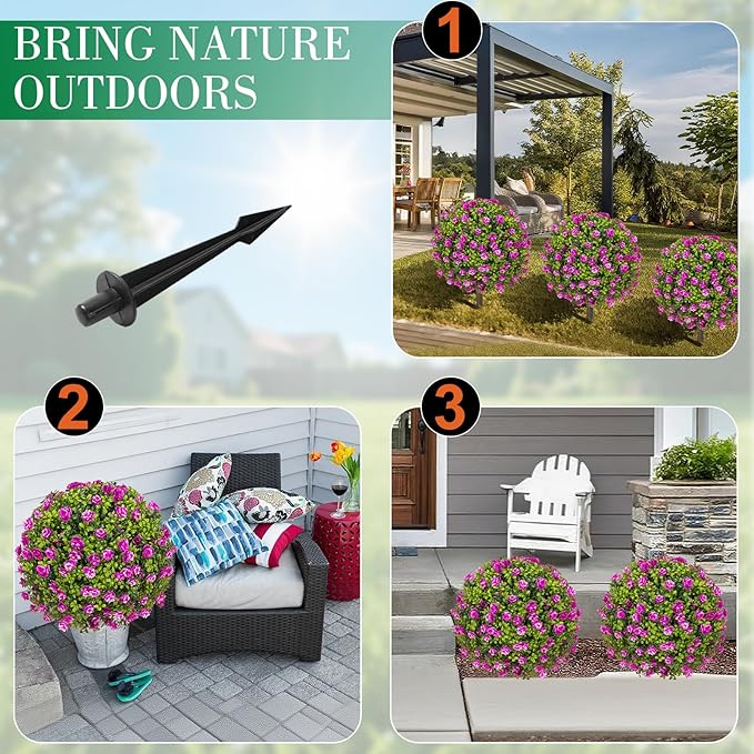 25" Artificial Boxwood Topiary Ball Trees with Purple RoseFlowers, Set of 2 UV Resistant No Fade Outdoor Faux Plants with Ground Spike, Fake Shrubs for Garden, Patio, Porch, Yard, Indoor