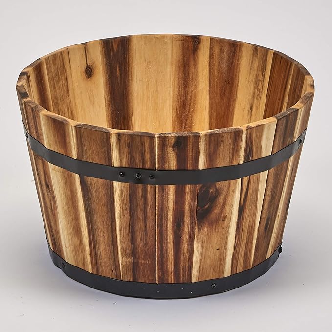 Worth Imports Wood Barrel Planter with Handles, Natural Oil 22" x 22" x 15"