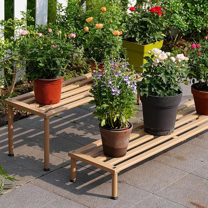MultirackX Metal Plant Stand, Rust-proof Aluminum Display Rack, Plants Display Stands Decoration Racks for Living Room Garden Balcony Patio (Wood Color, 42.5Inch Low Leg)