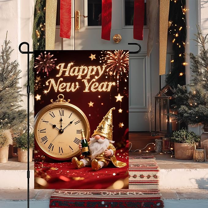 Happy New Year Garden Flag Gold Gnome Banner 12x18 Inch Double Sided Flag Outdoor Yard Decoration with Clock Image for Home Lawn Porch House Seasonal Holiday Garden Flags Outdoor Decor