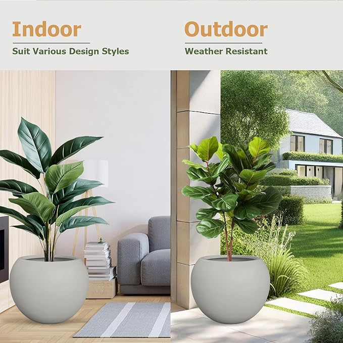 KUTE NEST 16"H x 20"D Globo Fiberstone Round Planter with Drainage Hole, Smooth Finishes, Weather Resistant for Indoor and Outdoor Use, Included 2 Extra Coco Mats (Light French Gray, 13.5 Pot Opening)