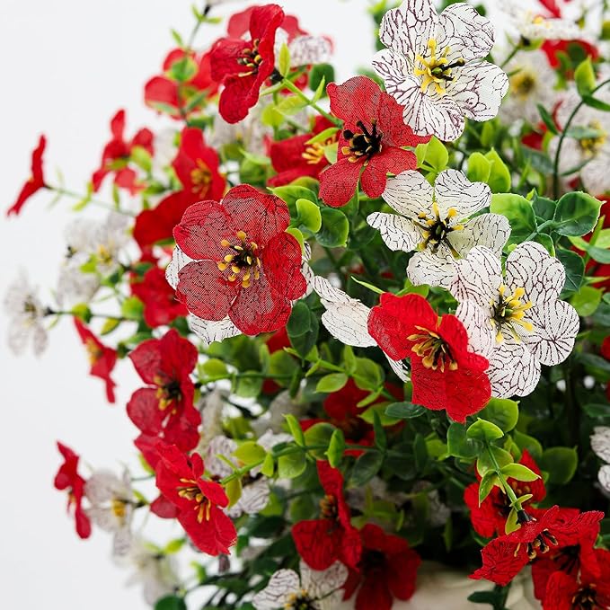 Artificial Flowers for Outdoors 6PCS,All Weather Fade Proof, UV Resistant Waterproof Realistic Faux Silk Mums Daisies Red & White for Hanging Planters Porch Patio Balcony Deck Fence Garden Decor