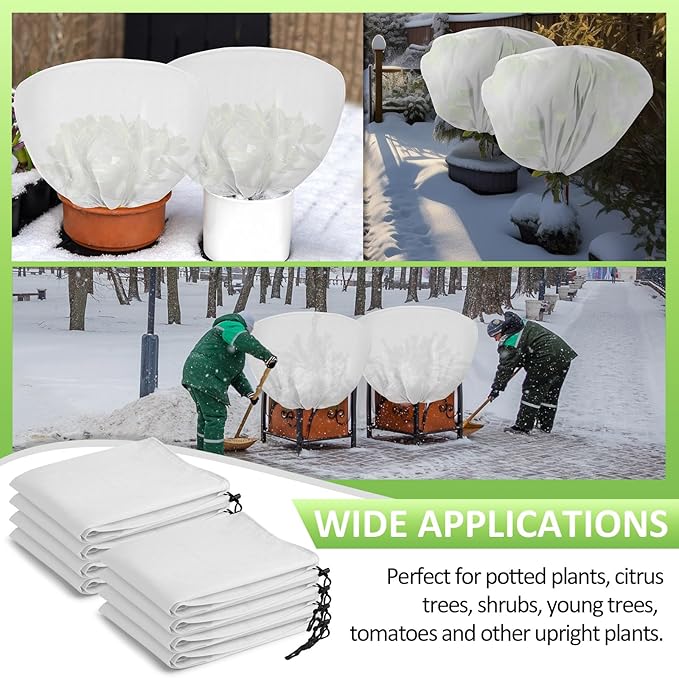 Wesnoy 12 Pcs Winter Plant Covers Freeze Protection 39.4x23.6 Inch Horizontal Shrub Tree Rose Plant Protection Bags Frost Blanket with Drawstring for Fall Winter Outdoor Garden Planting (White)