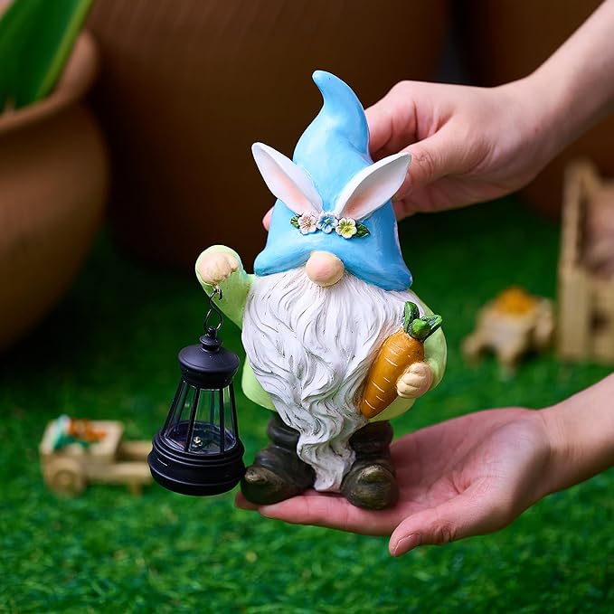 TERESA'S COLLECTIONS Easter Bunny Gnome Decorations with Solar Outdoor Light for Garden Decor, Spring Resin for Outside, Decorations for Patio Home Yard, Ideal Gifts for Dad and Mom, 8"