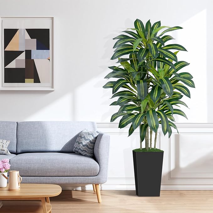 Keeplush 5FT Artificial Dracaena Tree - High-Density Foliage Fake Plant with Black Tall Planter - Faux Yucca Floor Plant for Home Office Decor Indoor