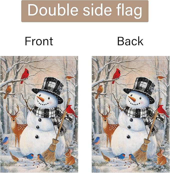 Louise Maelys Winter Garden Flag Snowman Cardinal Deer Rabbit 12x18 Inch Double Sided Welcome Christmas Xmas Holiday Seasonal Plaid Small Burlap Yard Sign Outside Outdoor House Decor