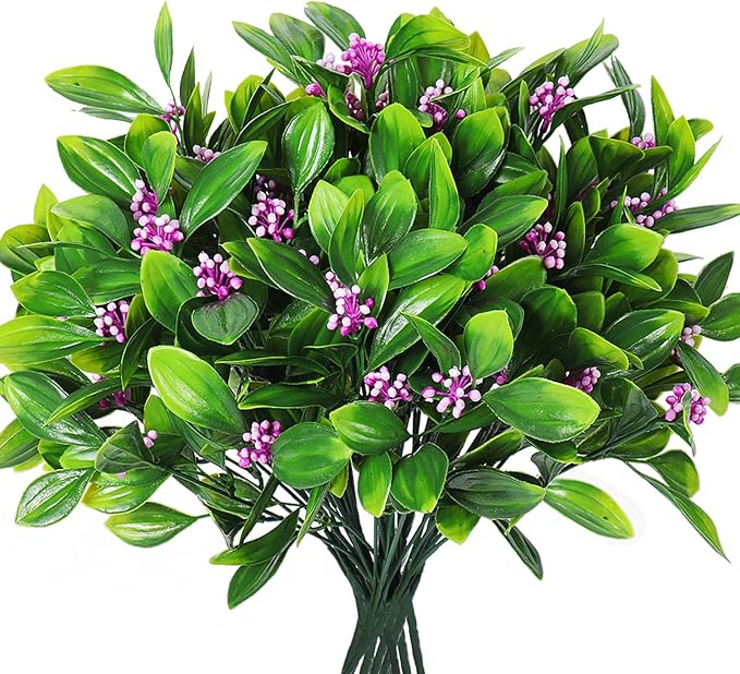 RECUTMS Artificial Shrubs Plastic Plants Fake Grass Leaves Bean Flowers Simulation Greenery Bushes Indoor Outdoor Home Garden Yard Veranda Office Planter Filler Wedding Decoration 10 Pcs (Fuchsia)