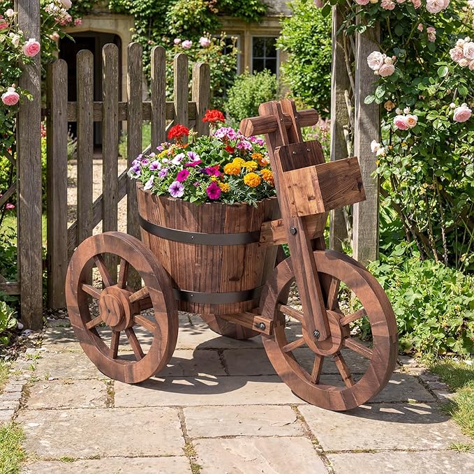 Giantex Wooden Wagon Planter with Wheels, Rustic Wood Plant Stand with Drainage Hole for Flowers Herbs Vegetables, Indoor Outdoor Decorative Garden Flower Cart for Patio Backyard Balcony (1)