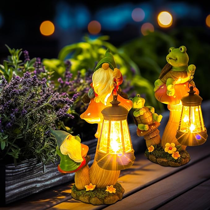 Funny Garden Gnomes Outdoor Climbing on Mushroom with Holding a Solar LED Lantern Resin Mushroom Statue for Patio Yard Lawn Porch Decor