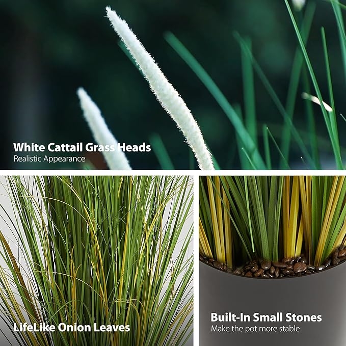 KOL 3ft 2-Pack Artificial Cattail Reed Grass, 35in Artificial Indoor Outdoor Fake Onion Grass Plant, Home Office Wedding Decorative Faux Potted Plant Greenery, Housewarming Gift, White