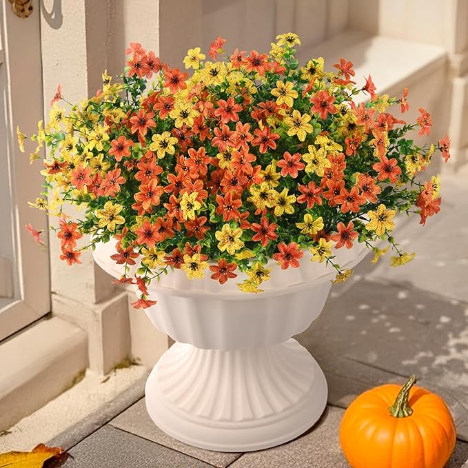 Artificial Flowers for Outdoors 12 Bundles Fake Plants Spring Home Decoration, Realistic Faux Flower Silk Daisy with Eucalyptus Stem UV Resistant Patio Planter Porch Yard Window(Orange Yellow)