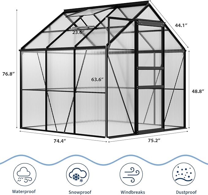 GarveeHome 6 x 6 FT Polycarbonate Greenhouse, Winter Greenhouses for Outdoors with Aluminum Frame, Sliding Door, Adjustable Roof Vent, Backyard Green Houses, Patio Garden, Black