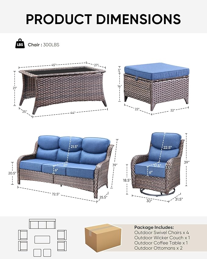 HUMMUH 8 Pieces Wicker Patio Furniture Set with Patio Swivel Chairs Set of 4,High Back Outdoor Sofa Coffee Table Ottomans,6 Inch Thick Cushions Outdoor Conversation Set for Porch, Balcony, Deck