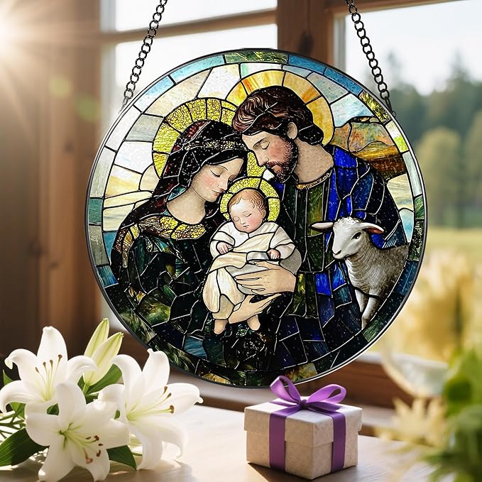 8-Inch Nativity Scene Stained Glass Suncatcher Ornament, Christian Stained Glass Window Hanging, Religious Ornament, Christmas Hanging Decor ā Gifts for Christmas, Christian Gift, Religious Gift