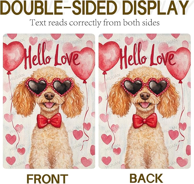Valentine's Day Poodle Hello Love Garden Flag, House Yard Plaid Love Heart Outside Decoration, Spring Holiday Wedding Anniversary Outdoor Small Decor 12x18(12634)
