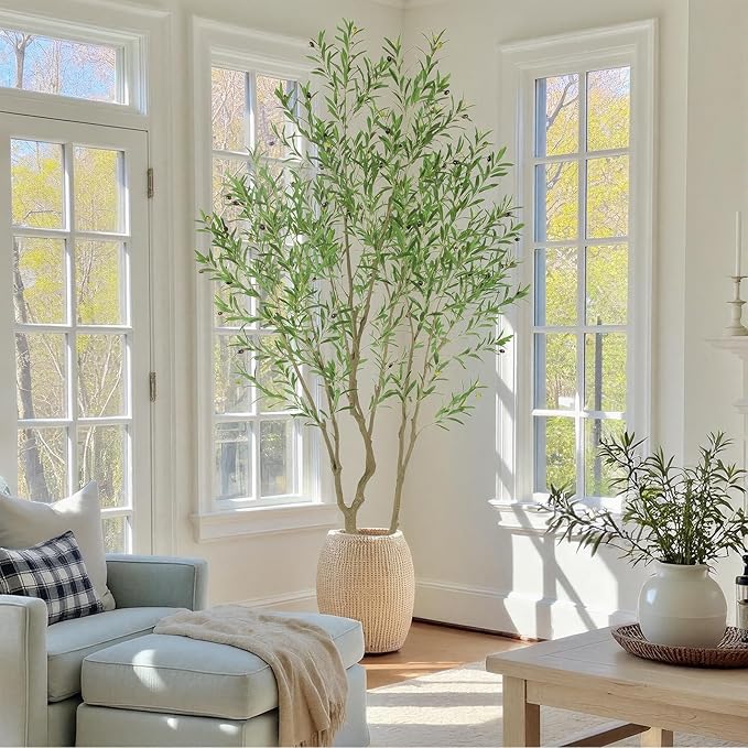 8ft UV Resistant Tall Realistic Artificial Olive Tree, Faux Olive Tree Outdoor with Lifelike Leaves and Fritus, Fake Olive Tree for Home Office Living Room Patio Decor.
