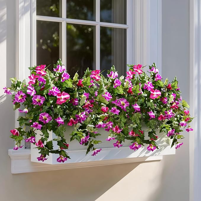 Artificial Morning Glory Flowers Plants for Outdoor 2Pcs Faux Silk Petunias Flower Realistic Faux Flowers Plants for Outside Planter Porch Yard Patio Balcony Home Indoor Decor (2 Pcs Fuchsia)