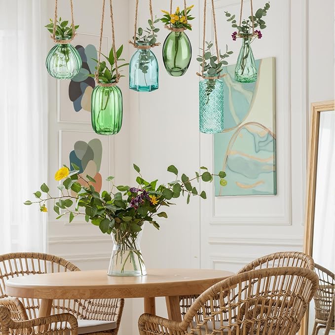 Teecyhooo 6 Pcs Stained Glass Hanging Vases Colorful Glass Terrariums with Rope Small Hanging Planters Pot Containers for Air Plants Flowers Garden Home Wedding Decor(Green Series)