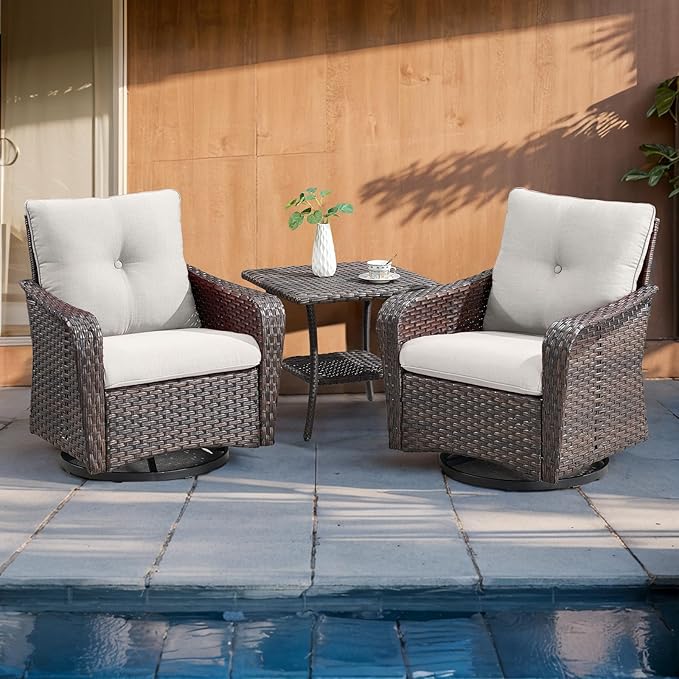 Rilyson Outdoor Patio Swivel Rocker Chairs - 3 PC Wicker Patio Bistro Sets with High Back,Comfy Cushions, Deep Seating and Side Table for Porch Deck Backyard Garden(Brown/Beige)