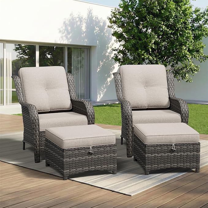 4 Piece Outdoor Wicker Patio Furniture Set, Patio Chairs Set with Thickened Olefin Cushions, High Back and Deep Seating, Hand-Woven PE Rattan, Ottoman for Porch, Deck, Beige