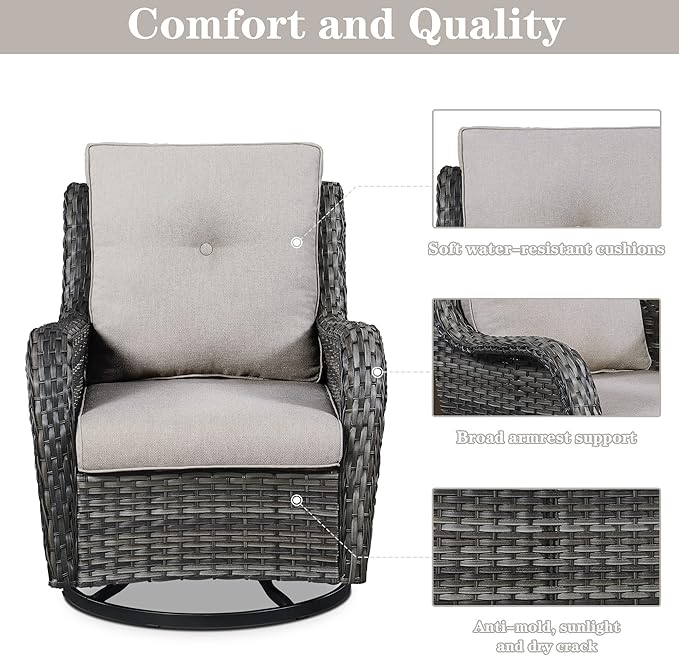 Belord Wicker Chairs 4 PC Outdoor Swivel Rocker Set, Patio Swivel Glider Chairs Set of 4, Grey Wicker Outdoor Furniture with Beige Cushions for Patio Porch Deck Sunroom