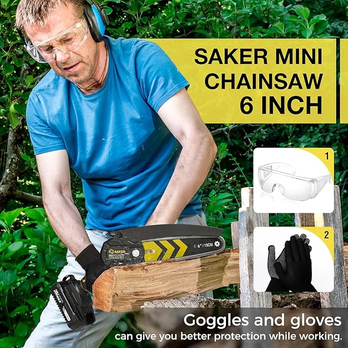 Saker Mini Chainsaw,6 Inch Portable Electric Chainsaw Cordless, Small Handheld Chain saw for Tree Branches,Courtyard, Household and Garden (SK1806D-Y)