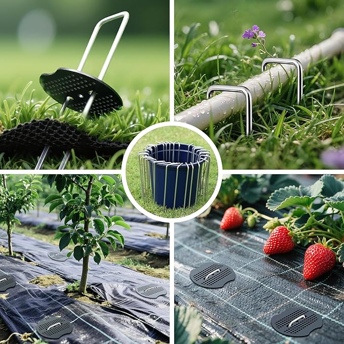 100Pcs Garden Staples +100Pcs Gasket +Pick Hook +Rubber Mallet, 6 Inch Landscape Fabric Stakes Galvanized Weed Barrier Stakes 11 Gauge Landscape Pins U Shape Lawn Staples for Yard, Turf, Sod, Weed Mat