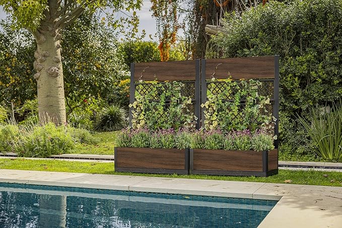 Keter Outdoor Planter Box with Privacy Screen and Trellis – 26 Gallon Raised Garden Bed for Climbing Plants & Flowers – Wood-Look Resin, Weather-Resistant Divider for Patio, Balcony & Backyard