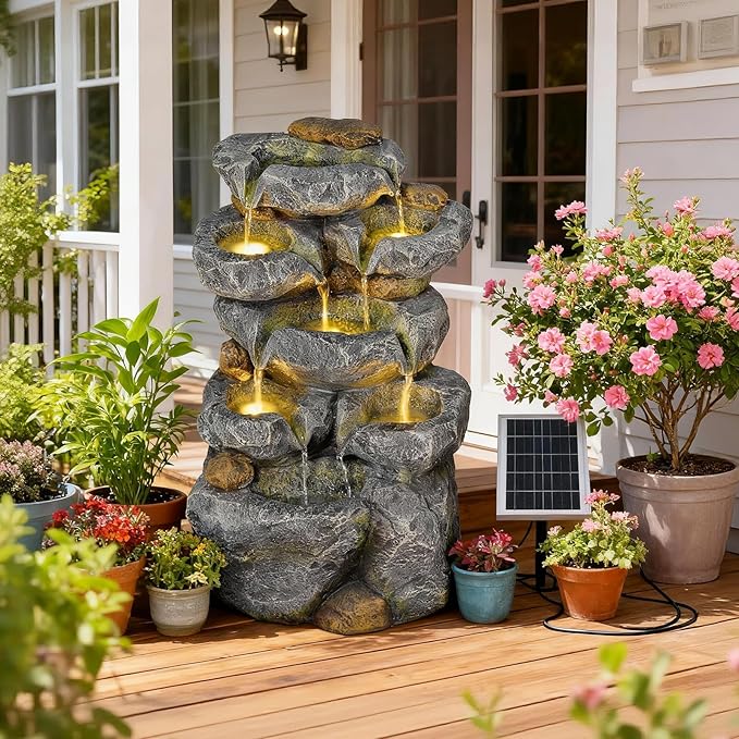 Solar Water Fountain Outdoor Garden, 24" H Cascading Stone Design 5 Tier Rock Feature Outdoor Fountains Waterfalls with Light, Pump Solar Panel for Patio, Deck, Porch, Backyard Home Décor