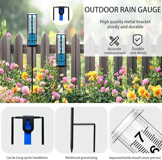Rain Gauge Outdoor, Freeze Proof Rain Gauges Outdoors Best Rated, Upgraded Accurate Rain Measure Gauge for Yard, Thickened Plastic Rain Meter with Stake, Large Font Water Gauge, Adjustable Height